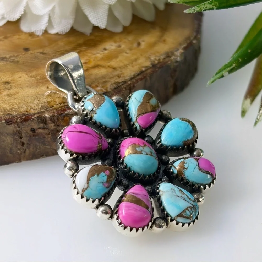 Pure Sterling Silver 925 Cotton Candy Turquoise Pendant Boho Southwest New